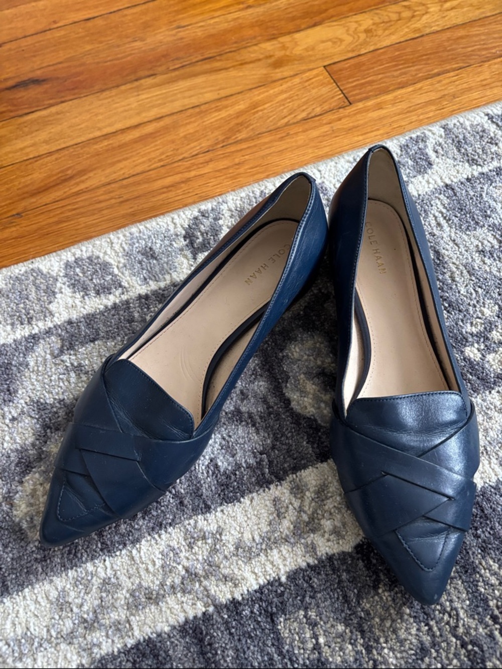 Cole Haan Navy Leather Pointed-Toe Woven Flats